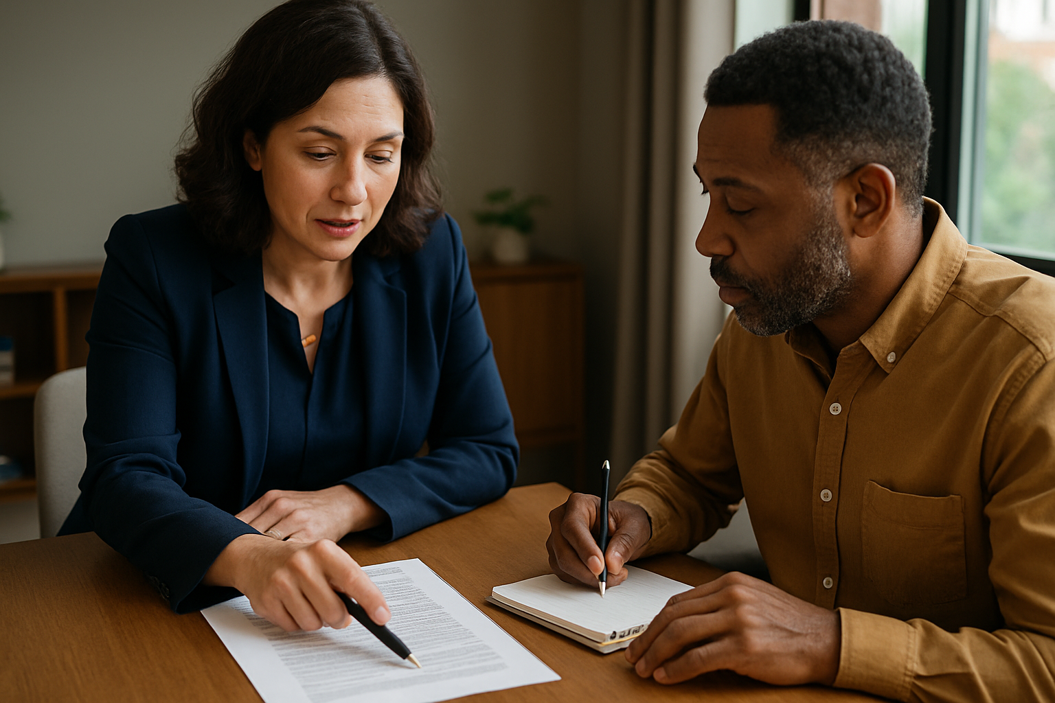 Attorney explaining confidentiality agreement details to client taking notes.