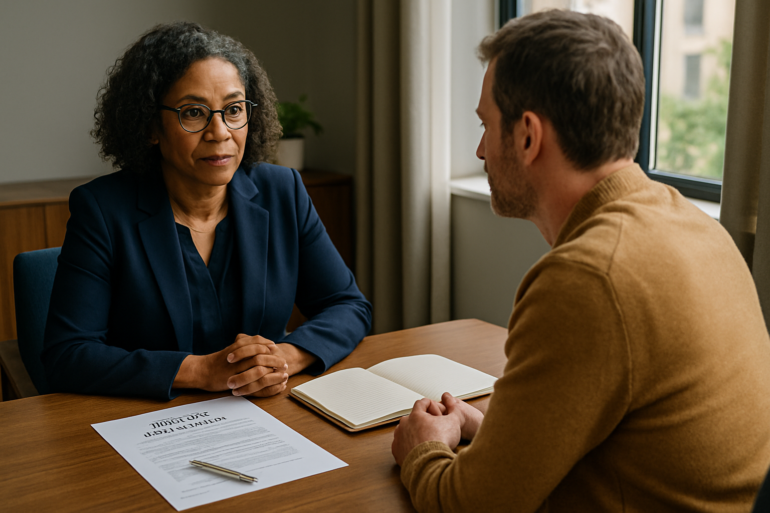 Person seated at table with mediator during a divorce mediation session.