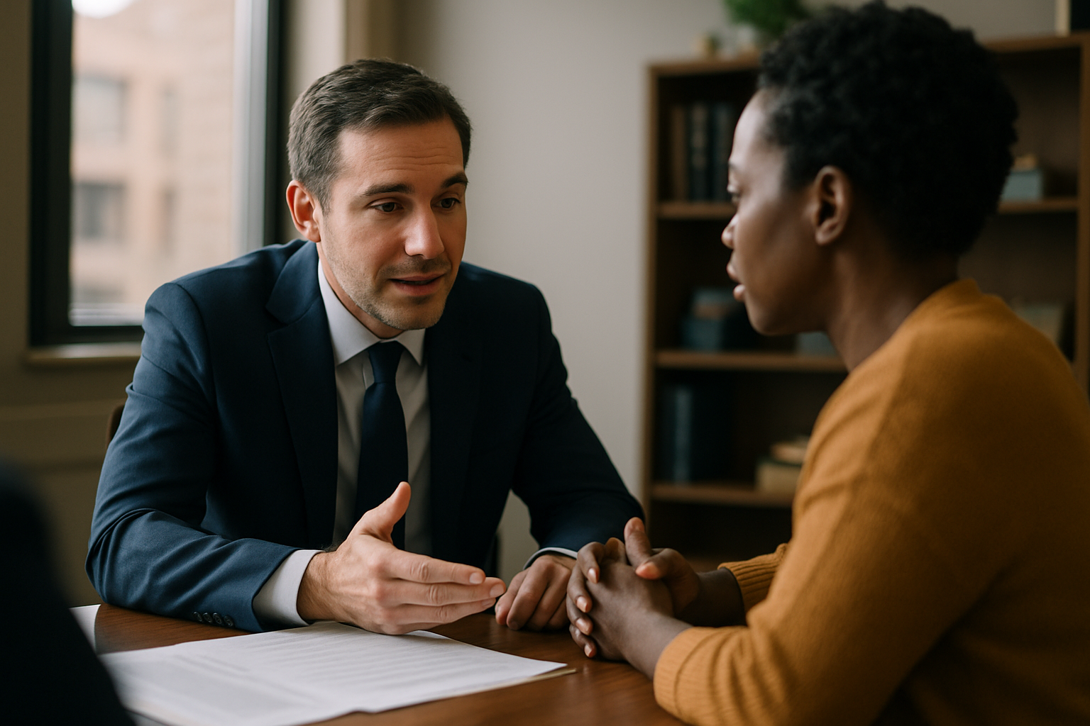 Attorney and client in conversation across a desk in an office.