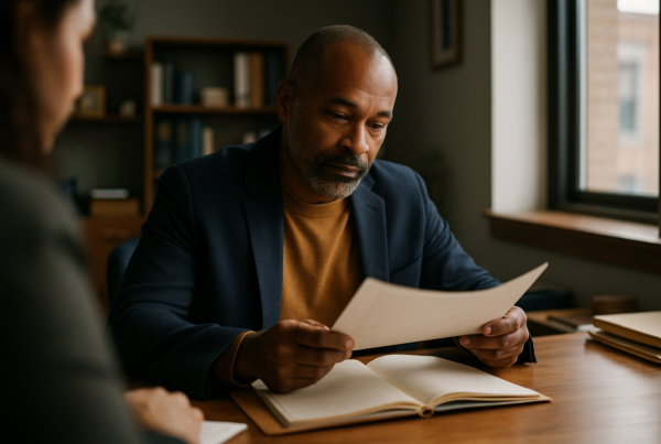 Person at desk reviewing papers and taking notes in an organized manner.