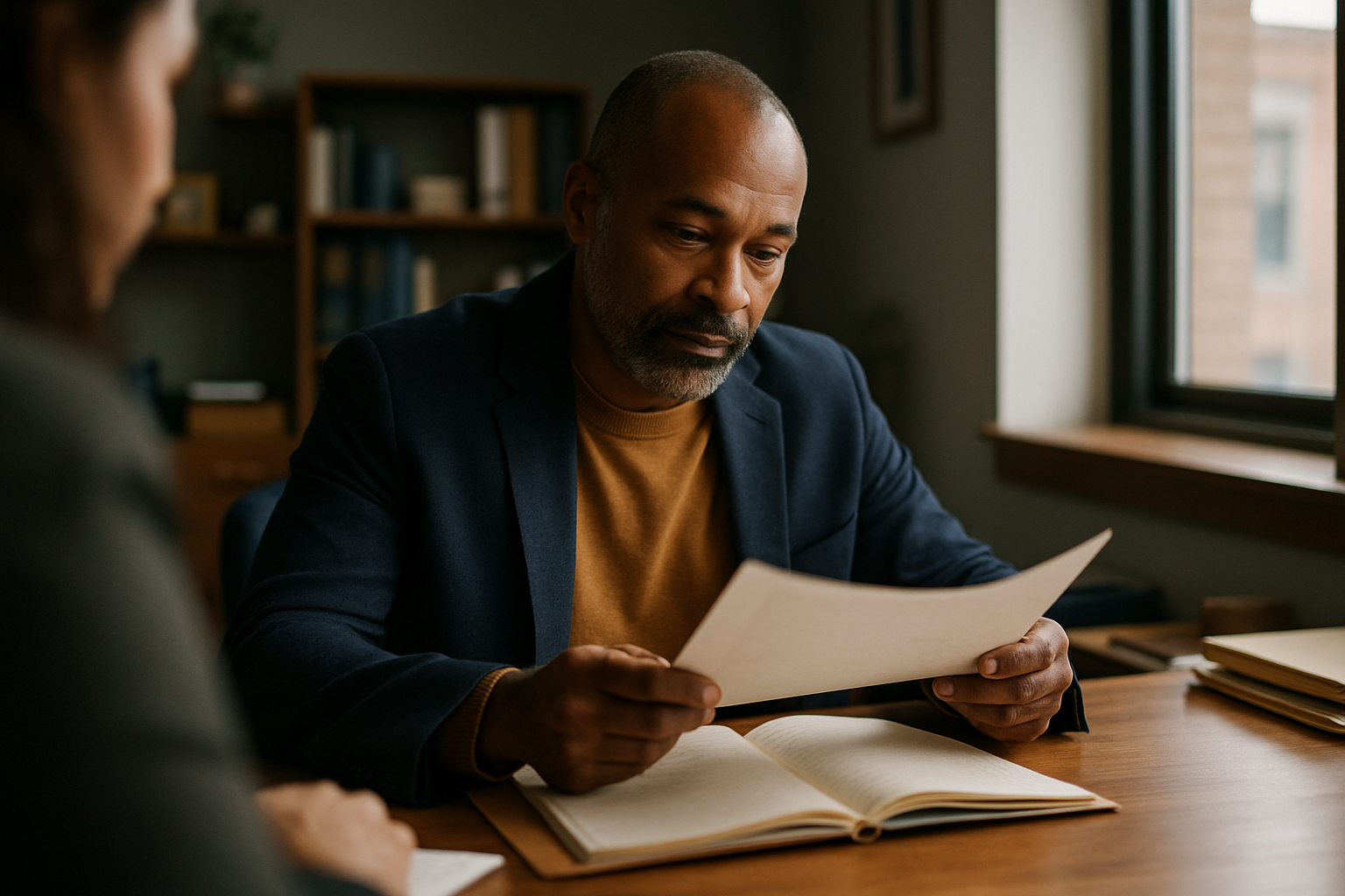 Person at desk reviewing papers and taking notes in an organized manner.