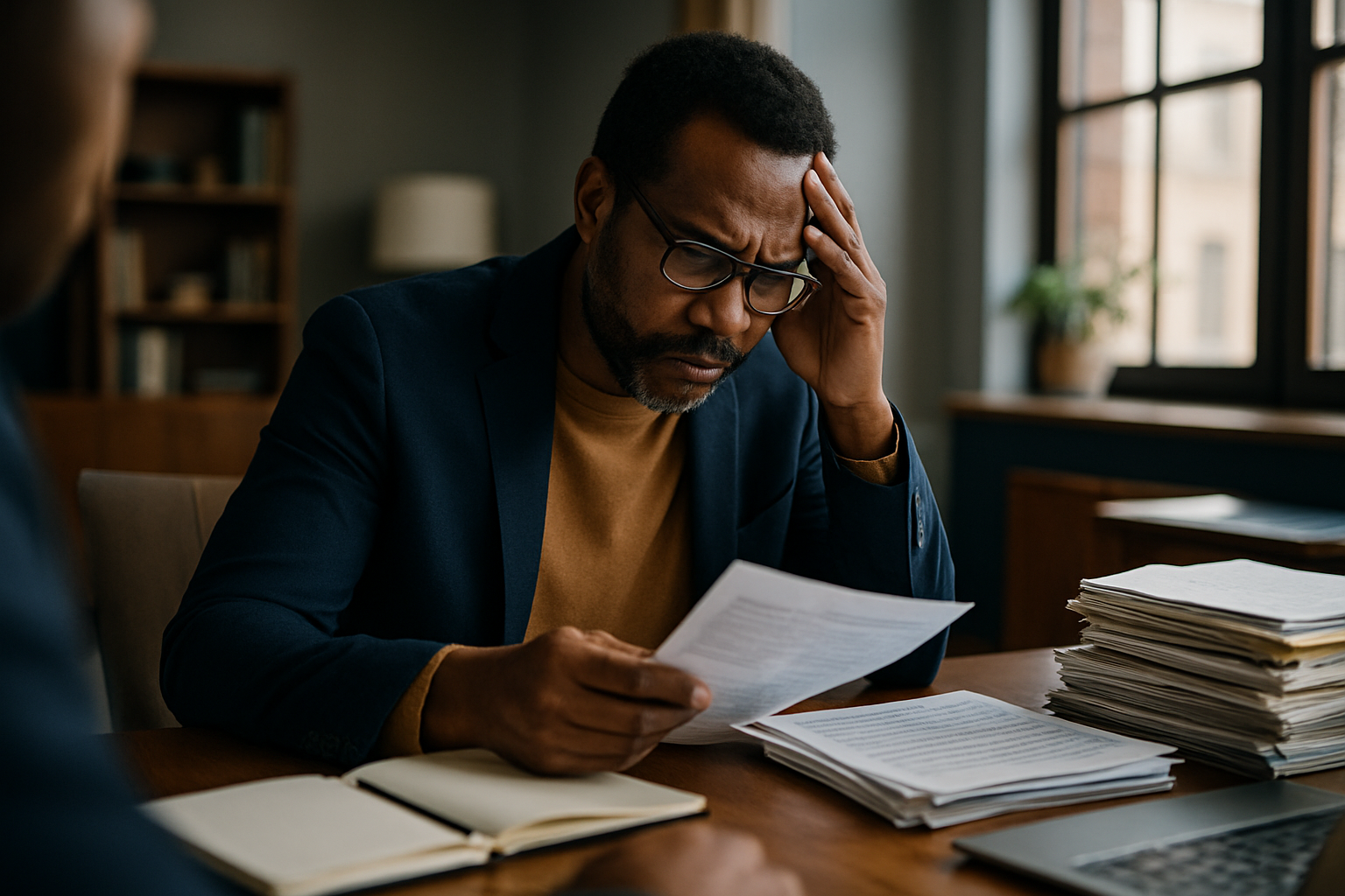 Entrepreneur at home desk with separated piles of business and personal financial paperwork.
