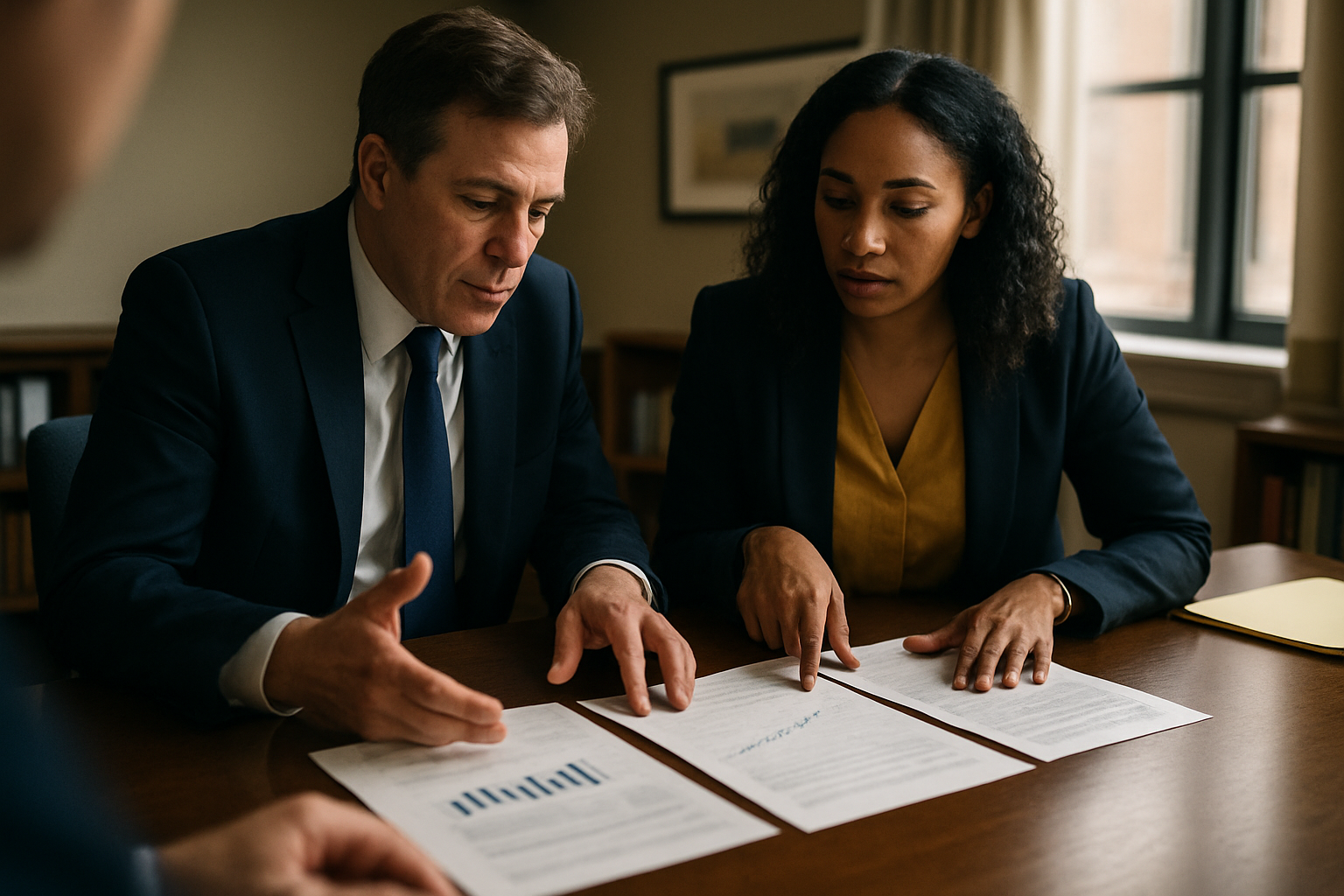 Lawyer and paralegal discussing three different financial valuation documents at a standing conference table.