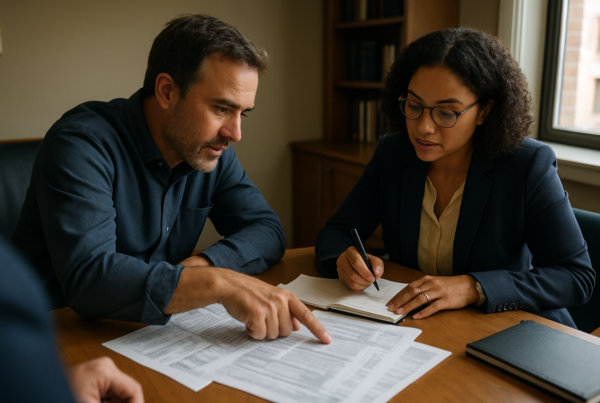 Business owner and attorney reviewing financial documents at a desk, with tax returns and business papers visible.