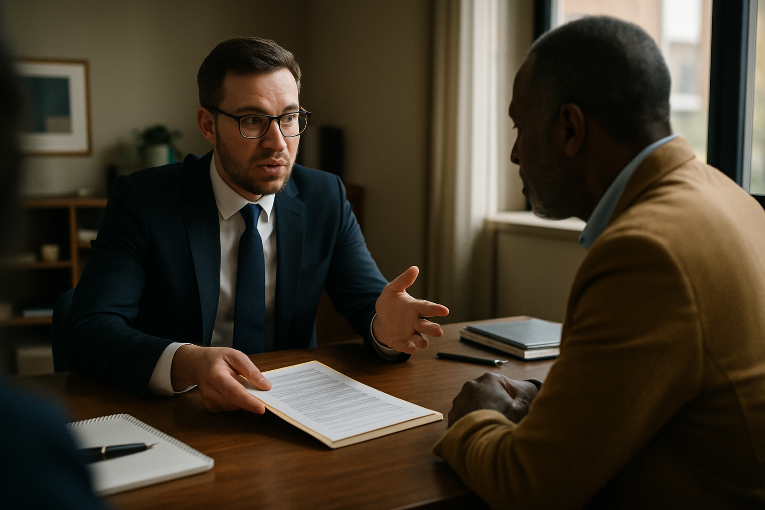 Lawyer gesturing as she presents materials to a business owner client across a desk