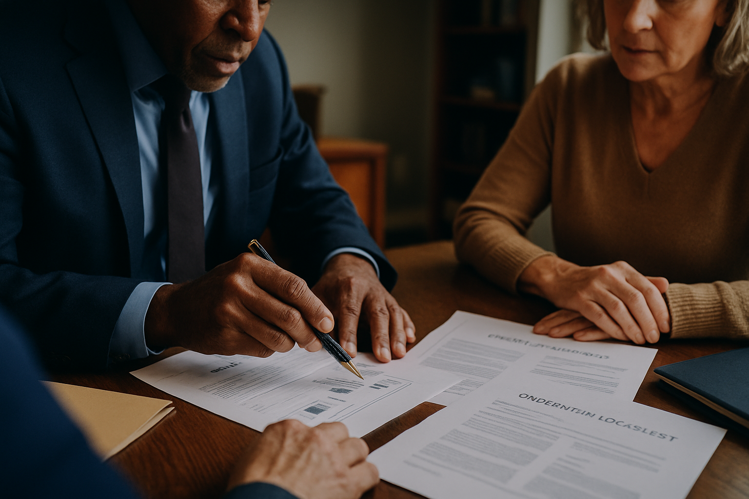 Lawyer and client reviewing business valuation documents together, lawyer pointing with pen