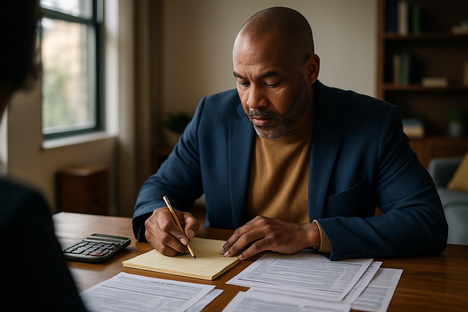 Business owner at home working through financial documents and taking notes