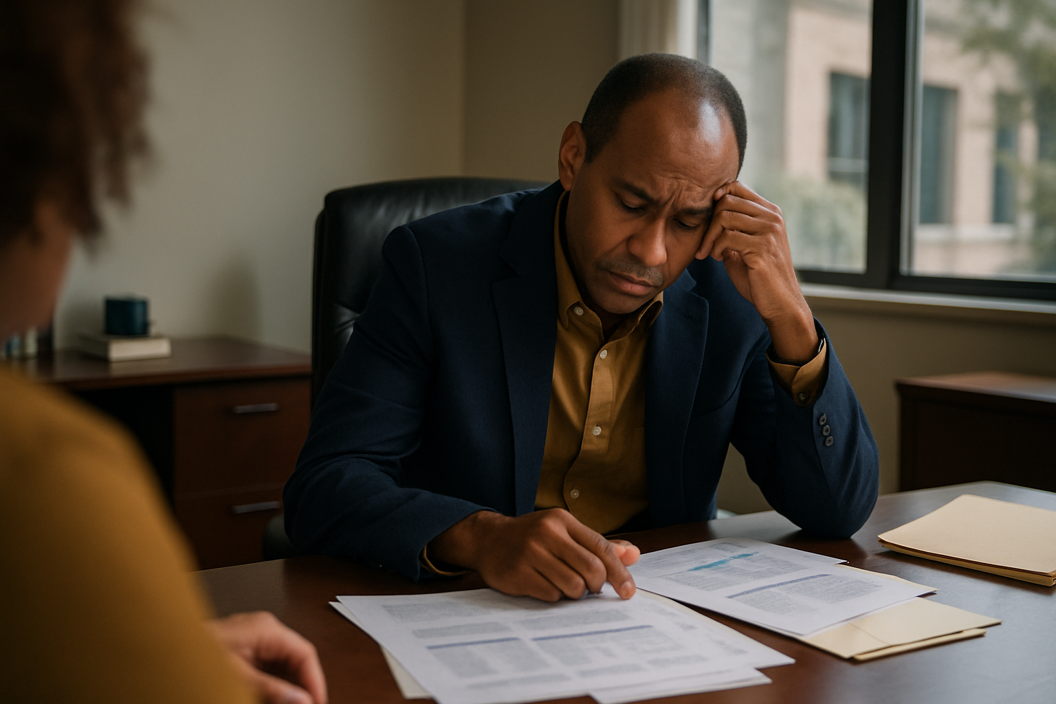 Business owner at desk reviewing financial and business documents with a serious expression