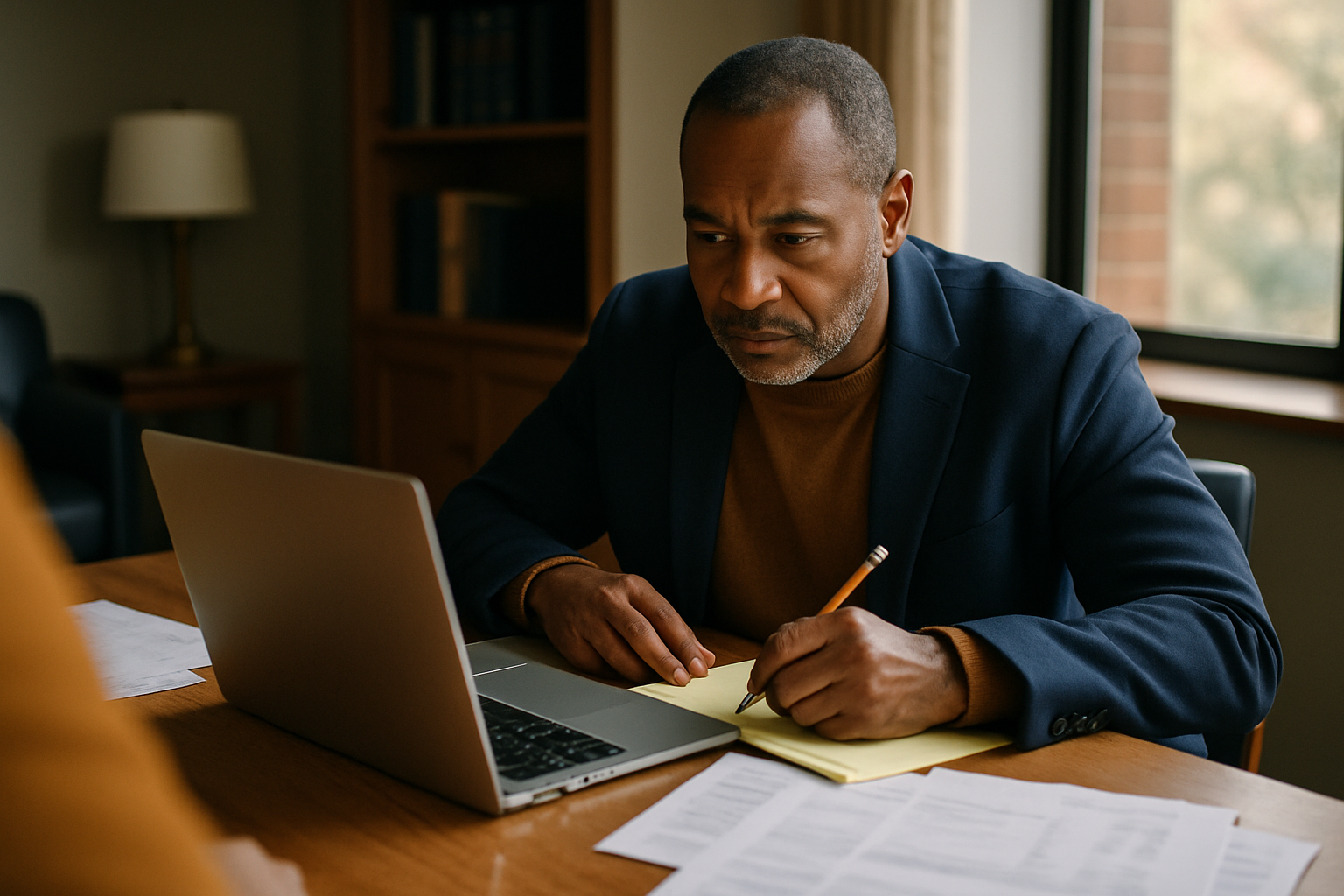 Person at home reviewing financial statements and notes on a laptop and legal pad