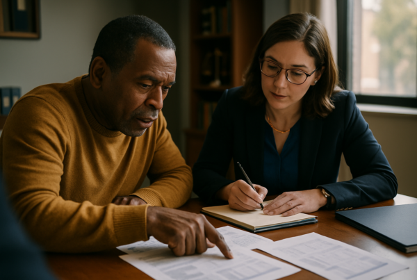 Lawyer and client reviewing financial documents at a desk in a law office
