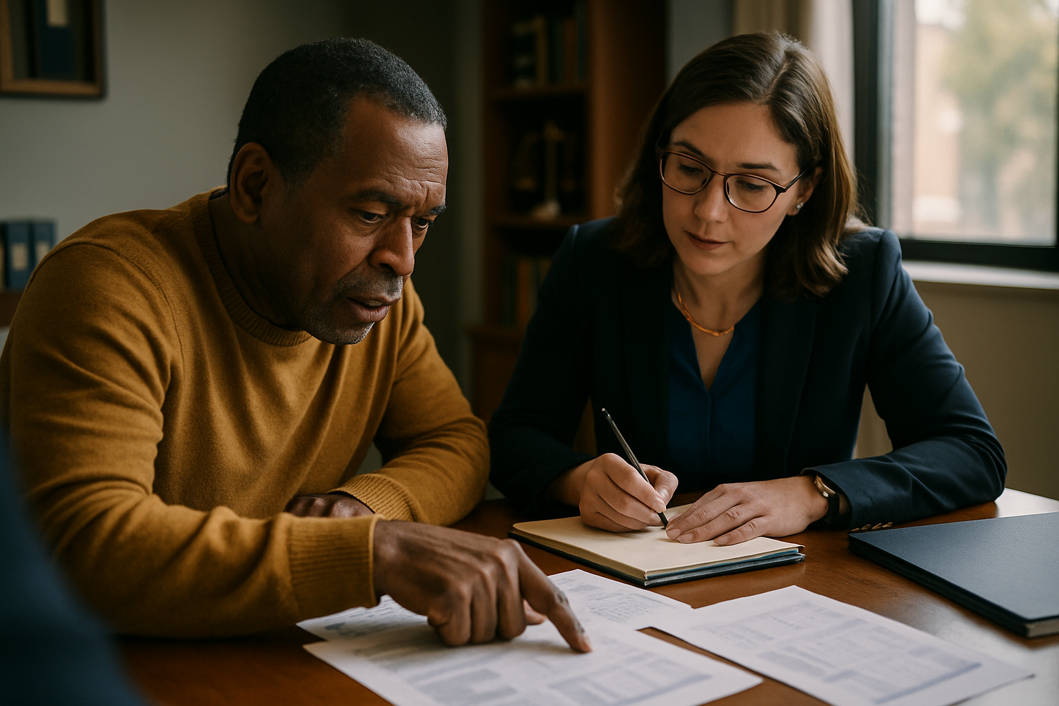 Lawyer and client reviewing financial documents at a desk in a law office