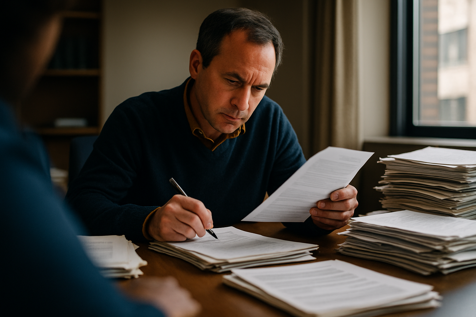 Person at kitchen table with scattered papers and folders, reviewing documents.