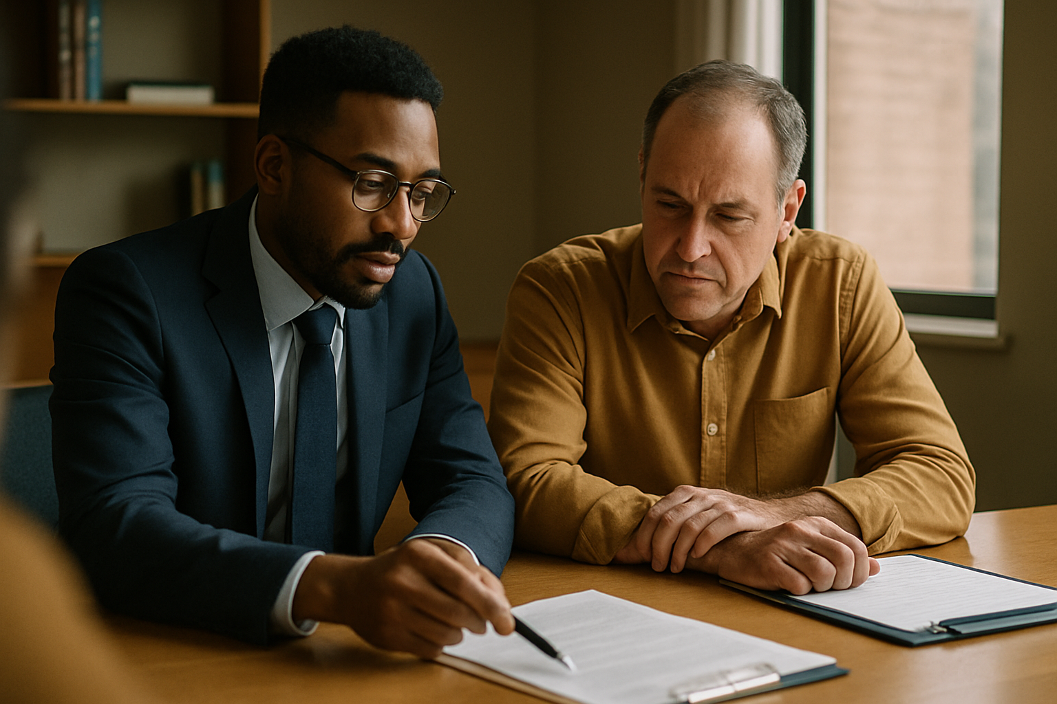 Lawyer pointing to document while explaining to attentive client across conference table.