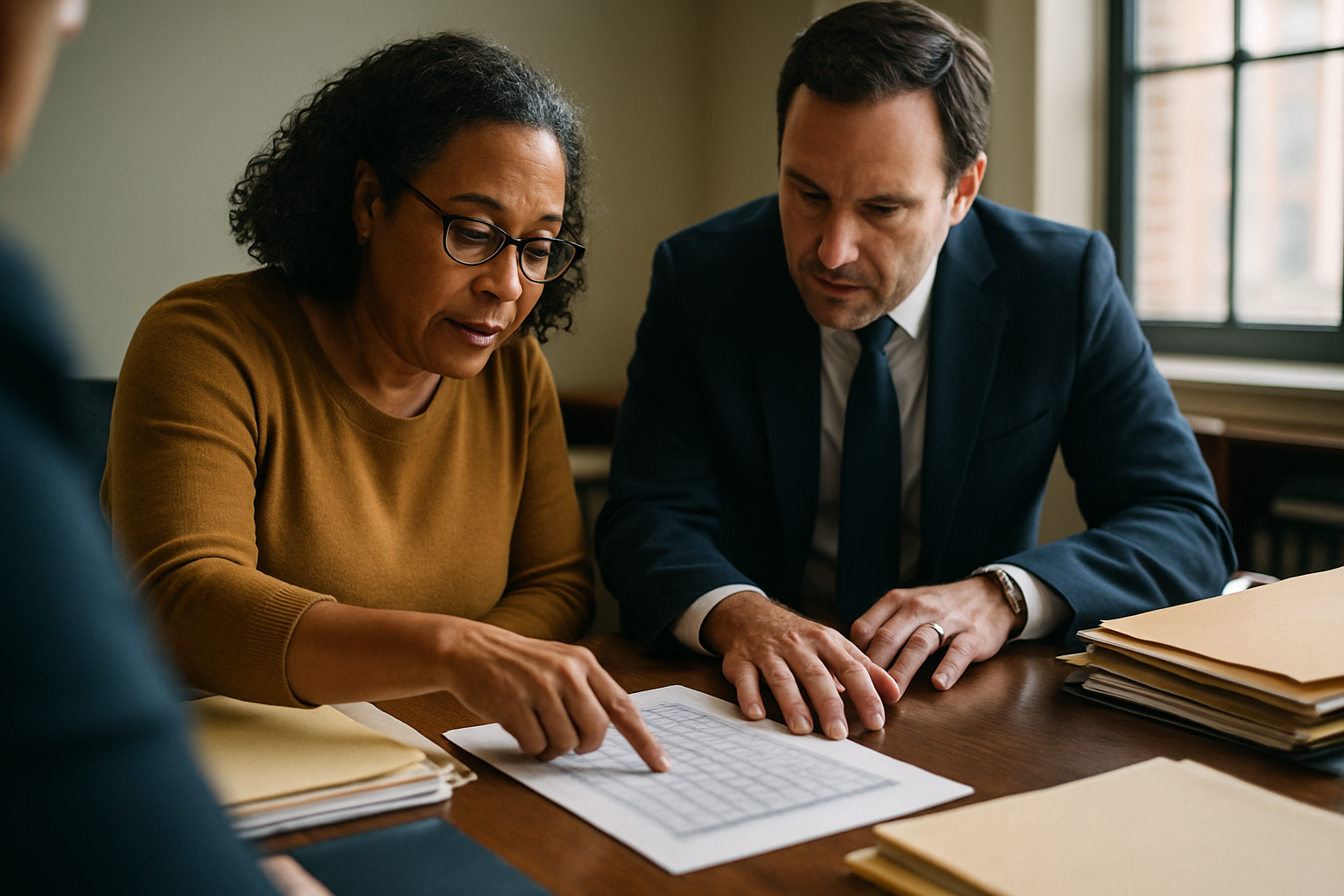 Two legal professionals standing at desk, pointing to spreadsheet while discussing asset division.