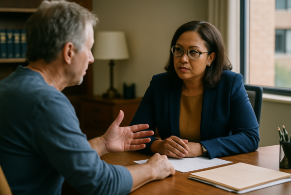 Client and lawyer at desk with papers between them, the client leaning forward in conversation.