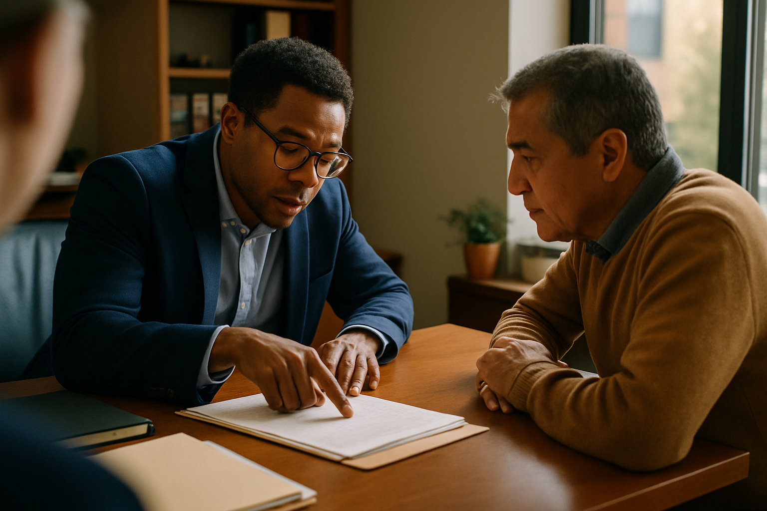 Paralegal explaining divorce process details to a client across a desk.