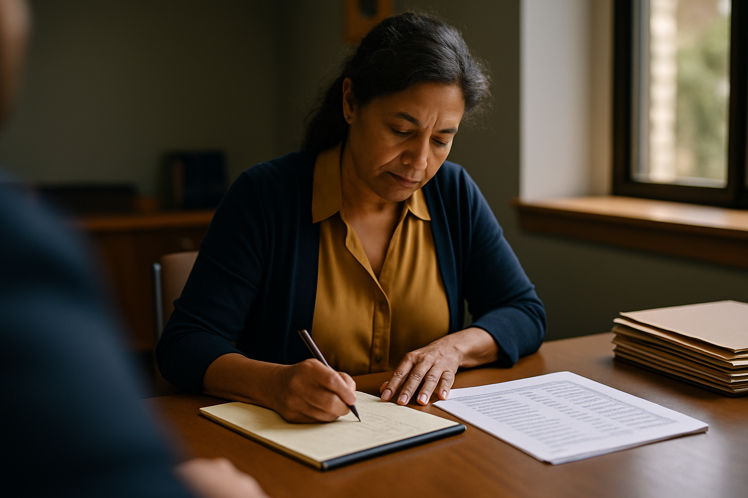 Person taking notes while evaluating attorney qualifications.