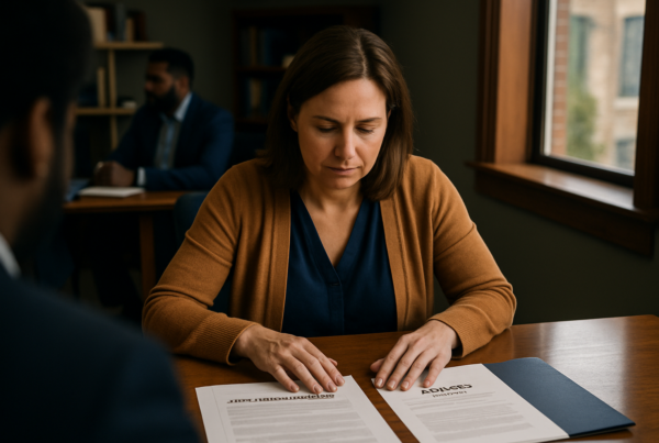 Military family member reviewing official papers and documents at home.