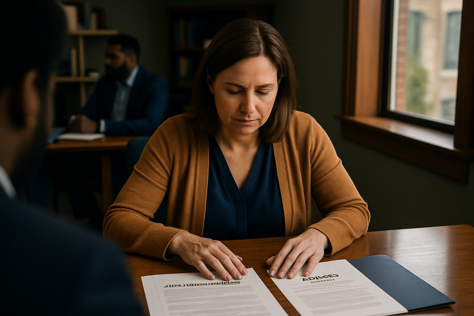 Military family member reviewing official papers and documents at home.