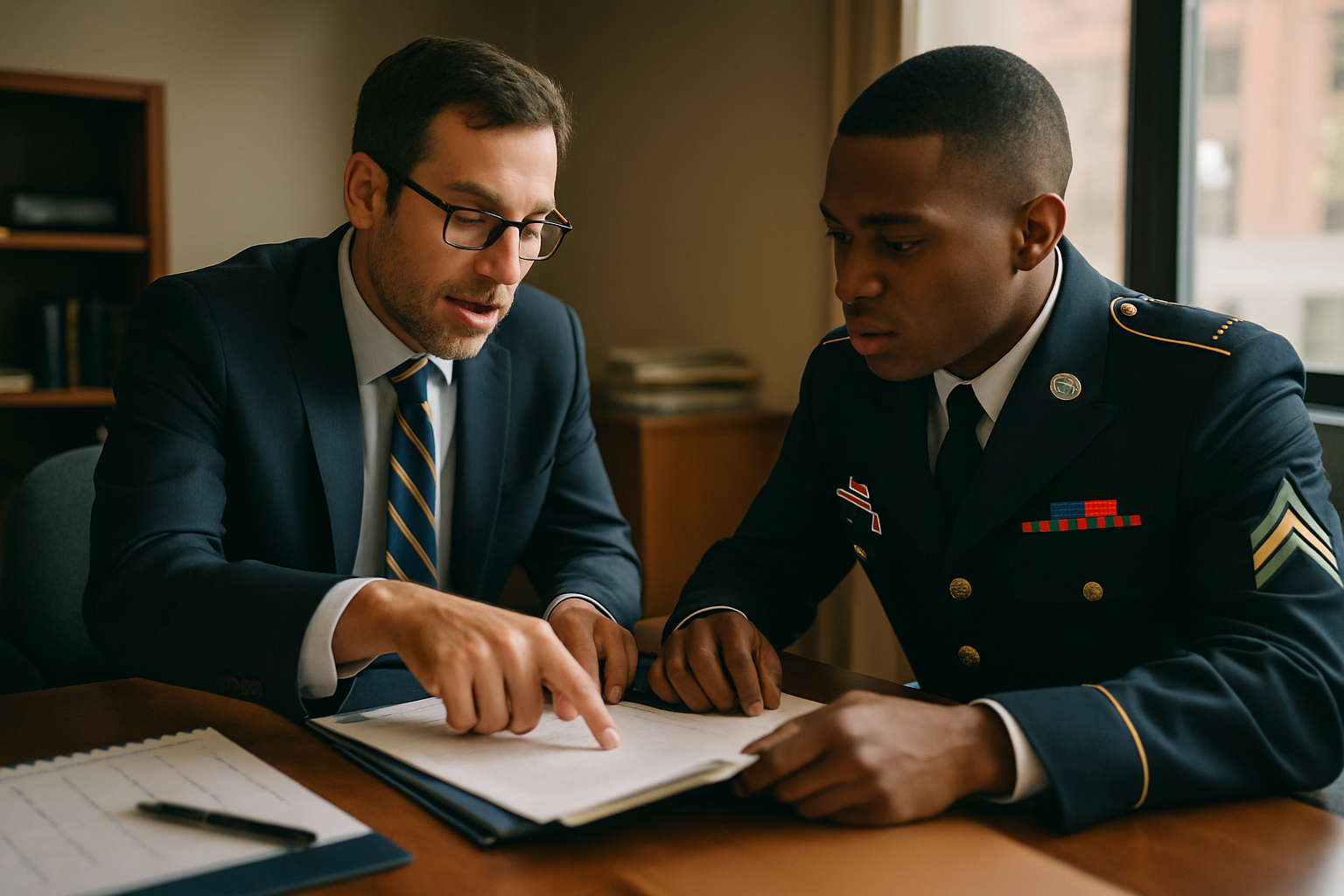 Military officer in dress uniform listening to attorney point out details on a document.