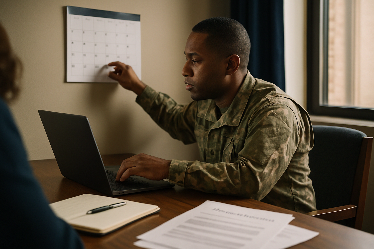Service member at home working through paperwork and calendar dates on a laptop.