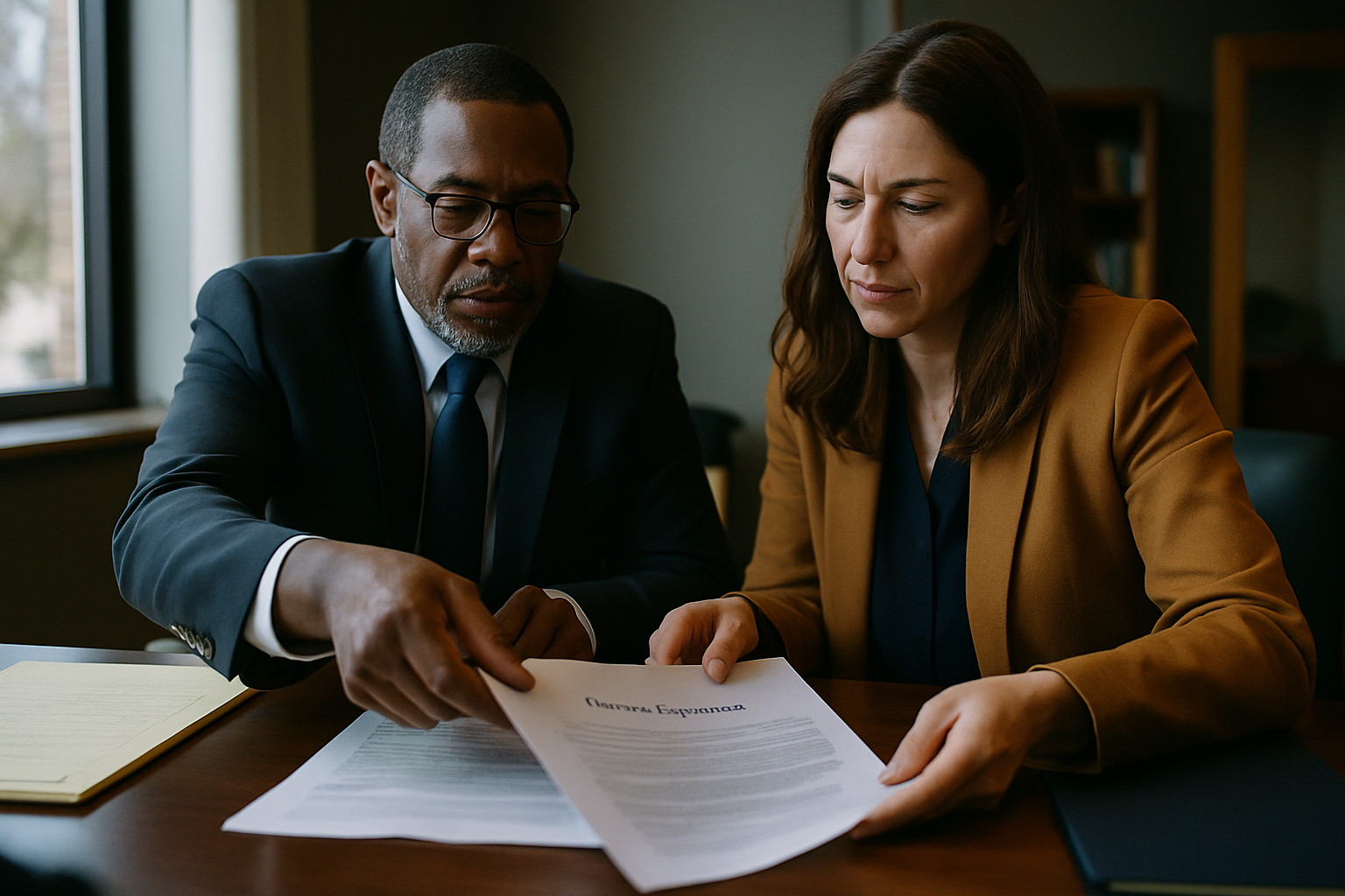 Two lawyers standing at a desk comparing pages of a divorce agreement.