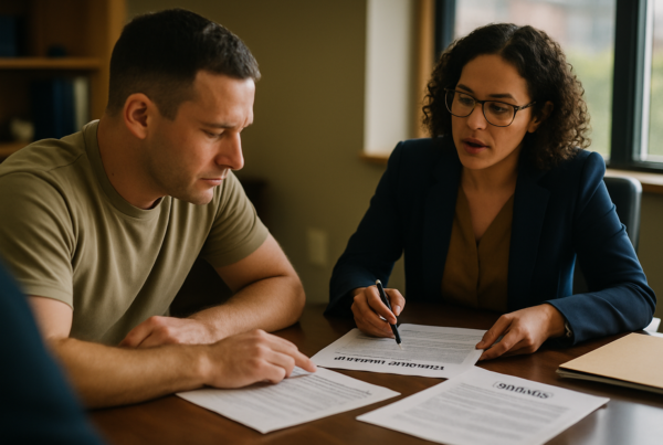 Service member and lawyer reviewing military paperwork and divorce documents at a desk.