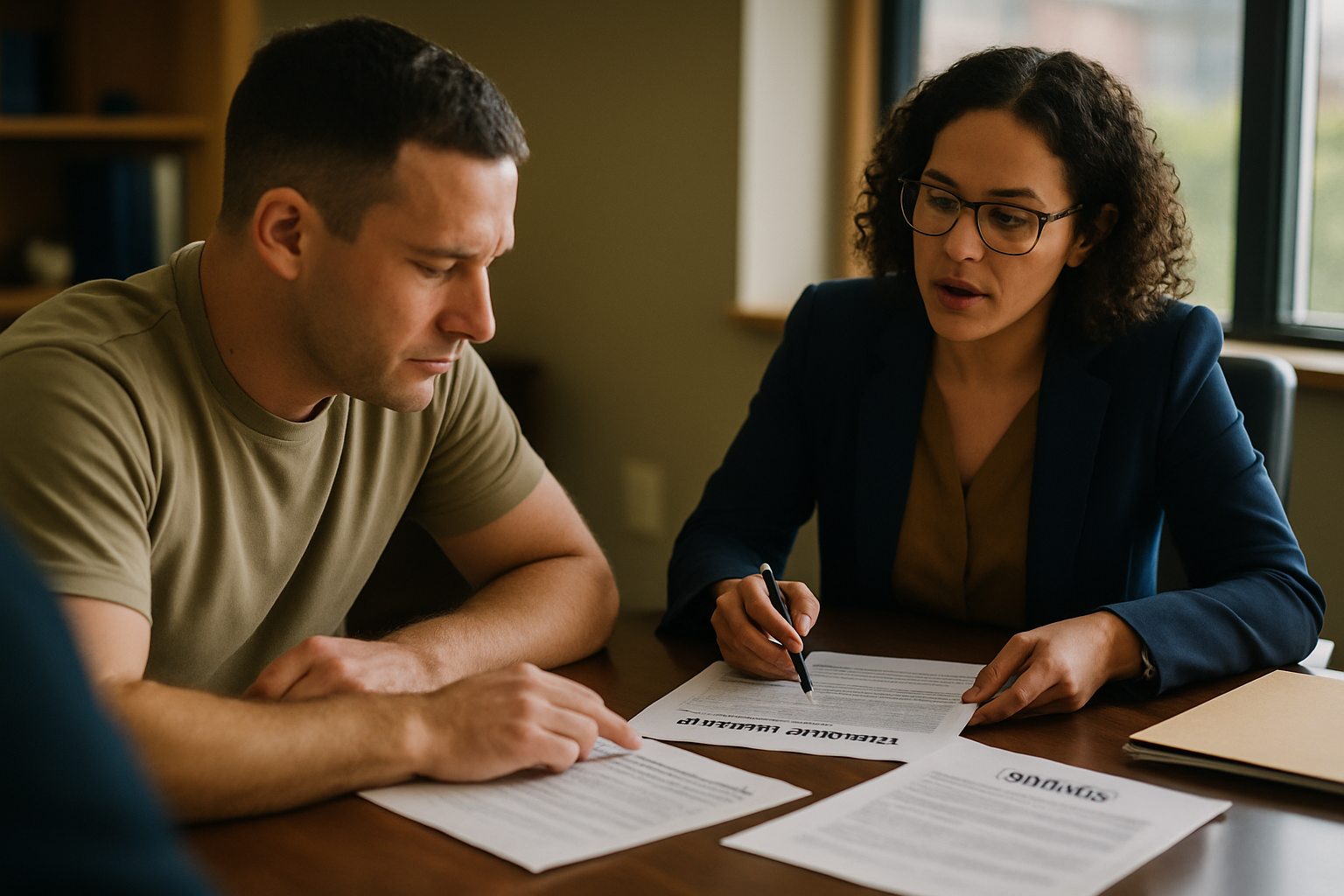 Service member and lawyer reviewing military paperwork and divorce documents at a desk.