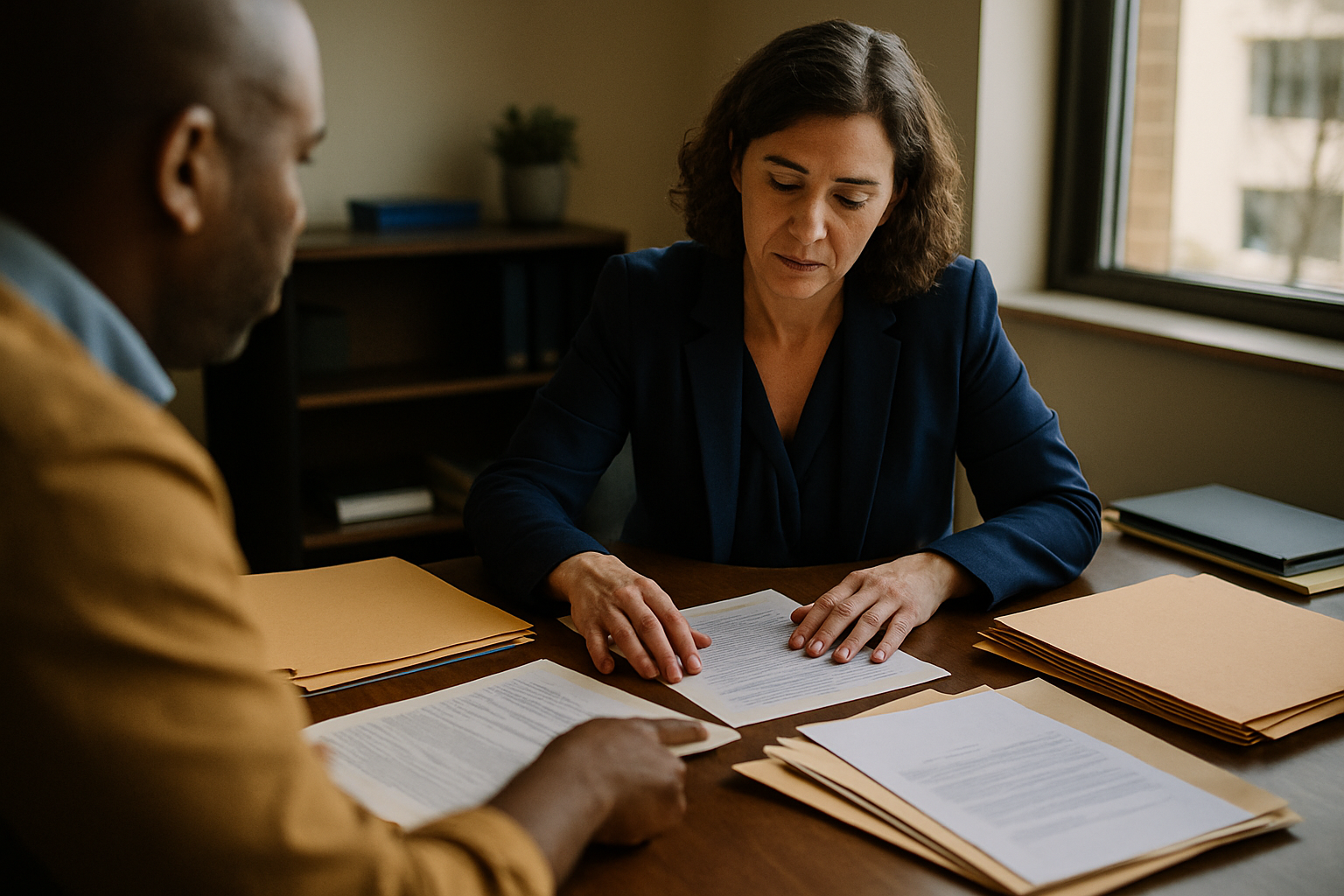 Paralegal organizing military divorce documents and folders on a desk