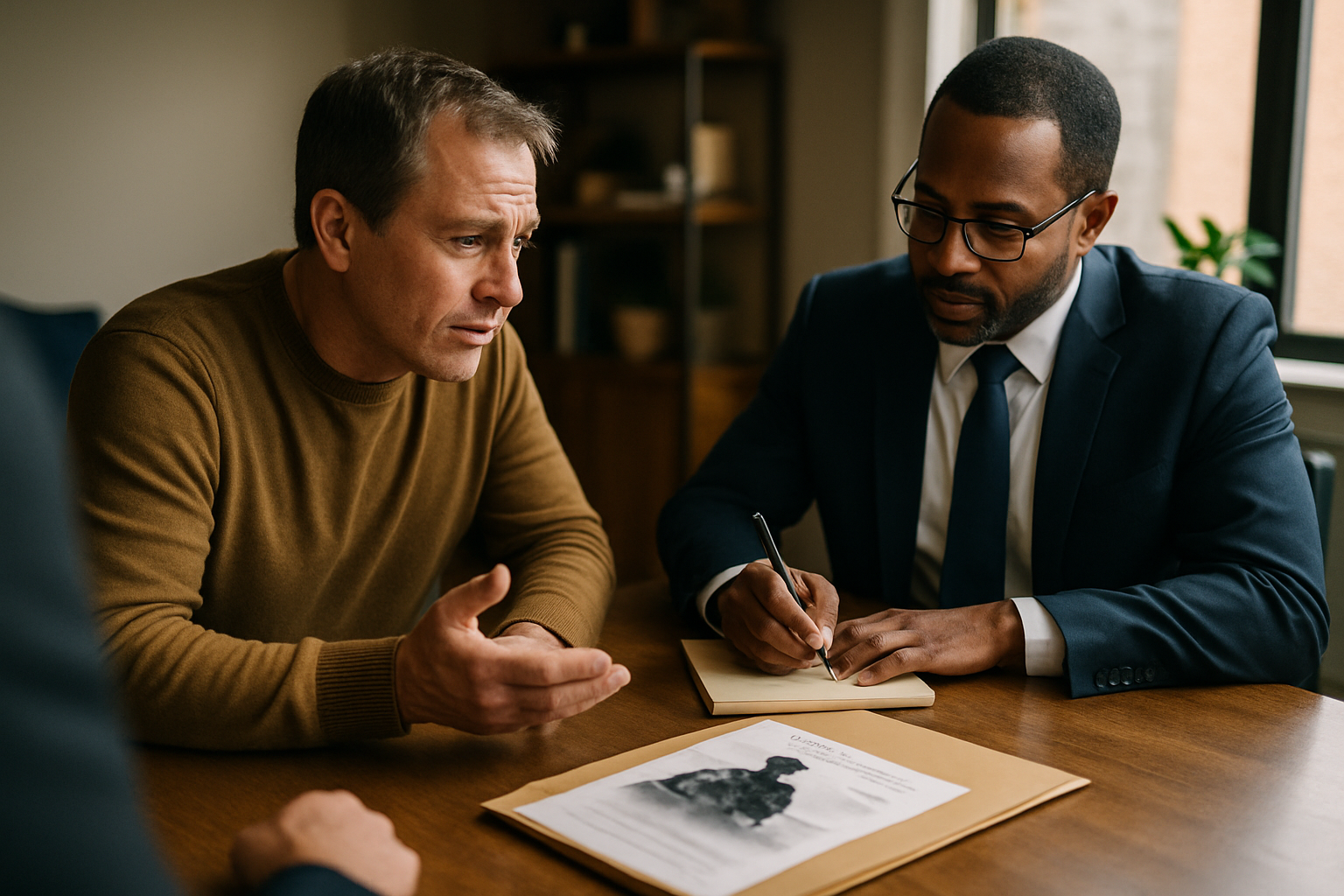 Client and attorney in consultation, client speaking while attorney takes notes