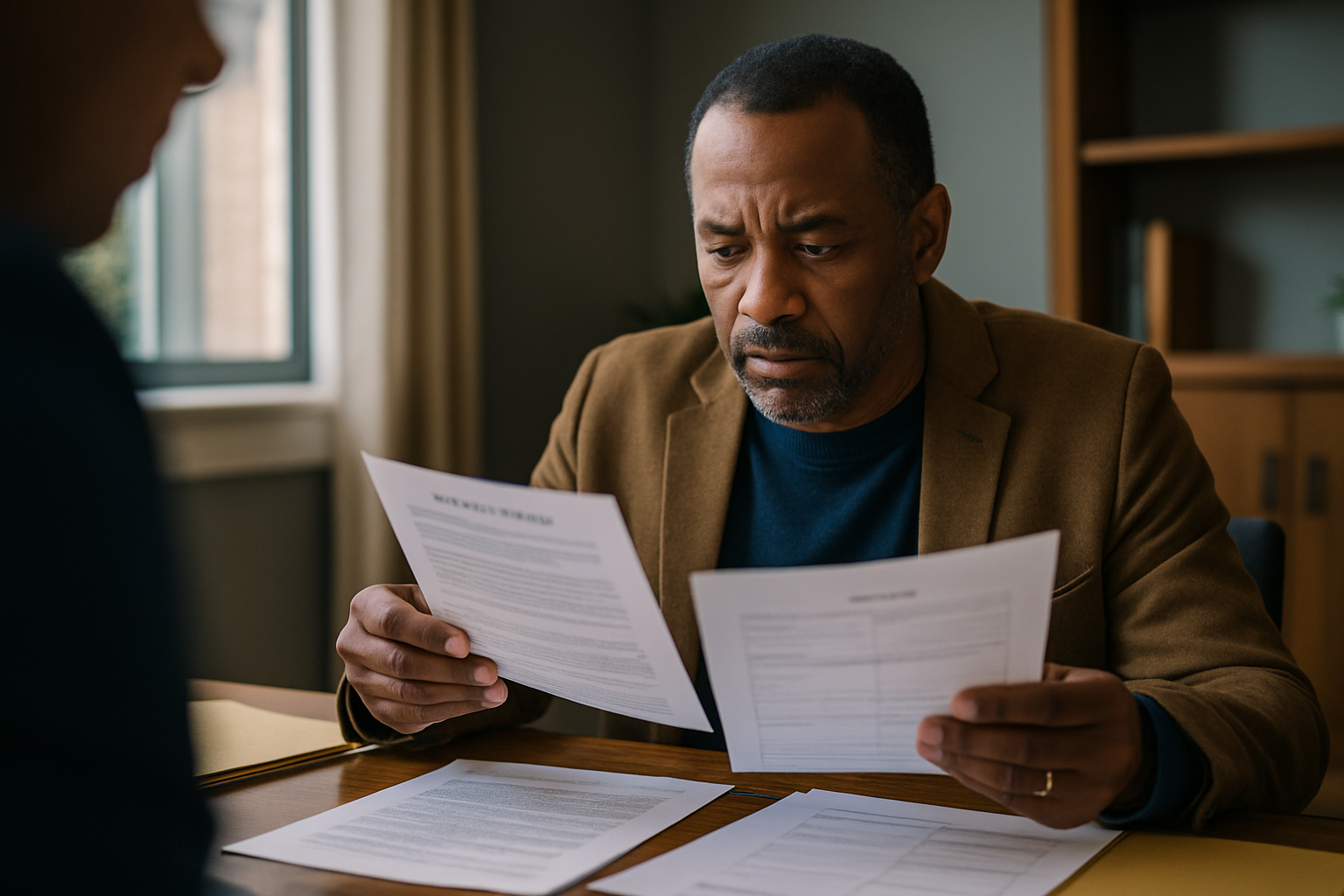 Person reviewing military pension and divorce documents at home