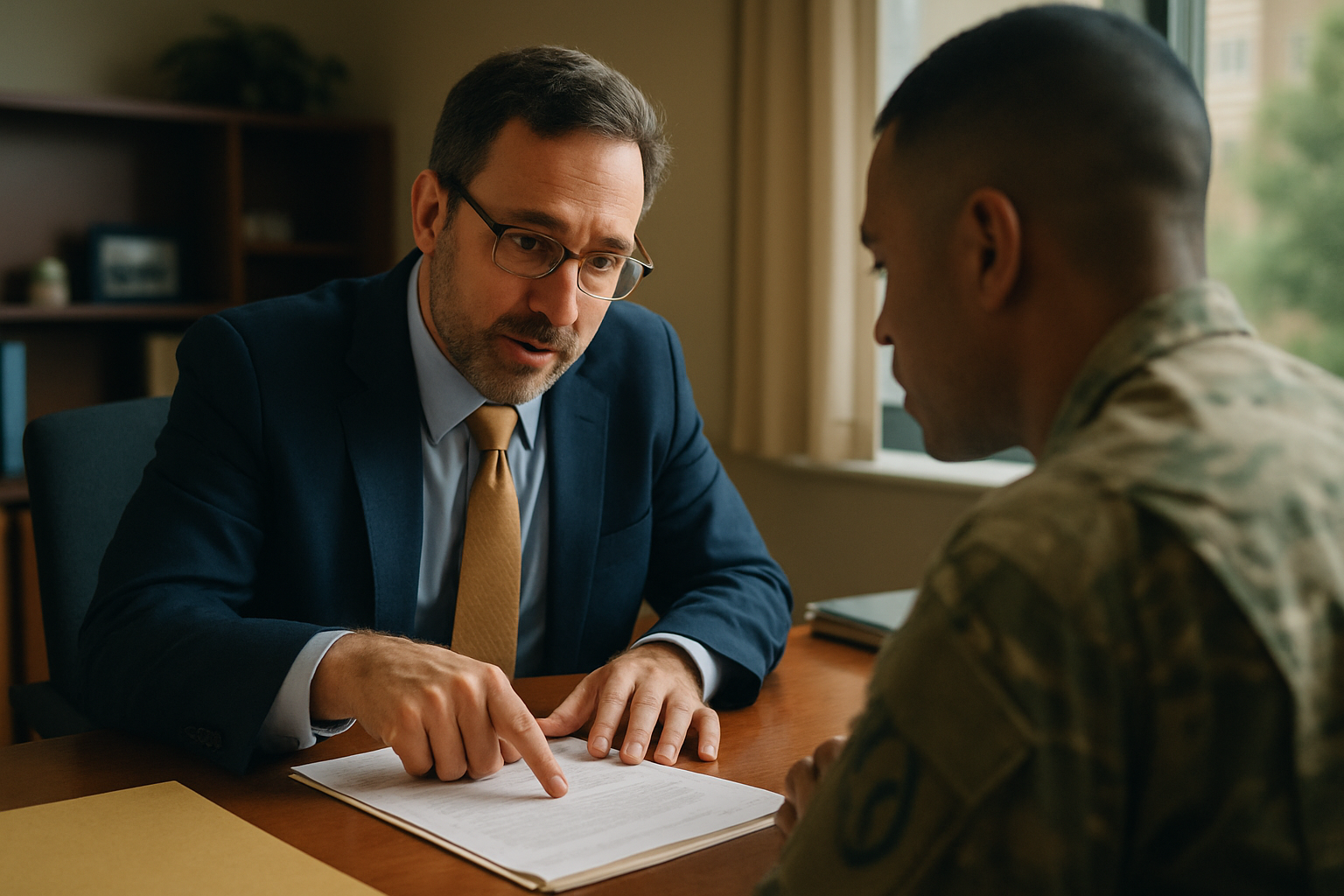 Attorney and service member in military uniform reviewing legal documents across an office desk