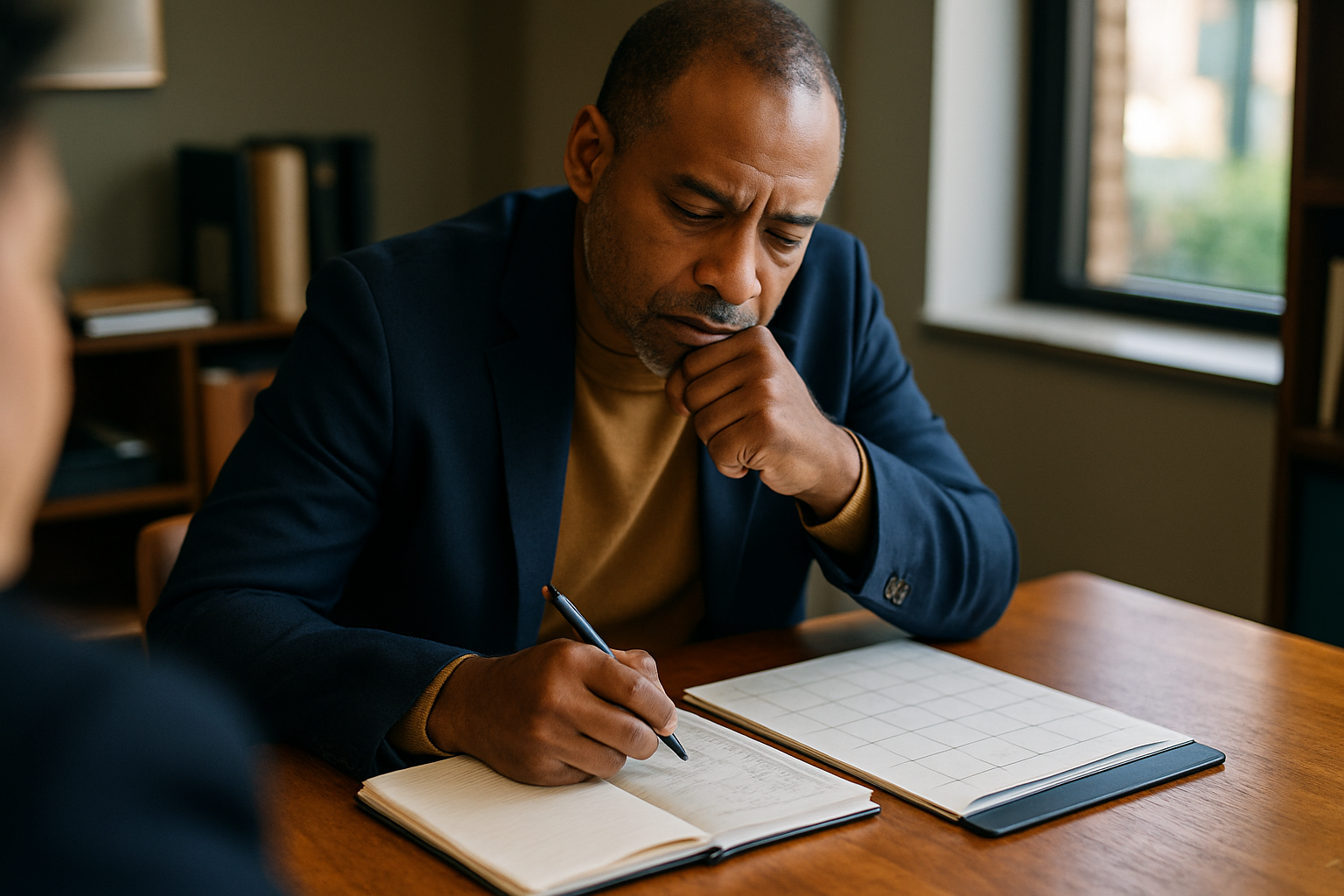 Someone reviewing a calendar and taking notes at a home table