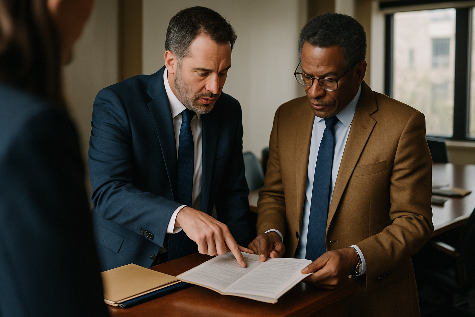Two lawyers reviewing and discussing documents side by side