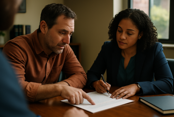 Client and attorney at desk reviewing paperwork together during a consultation