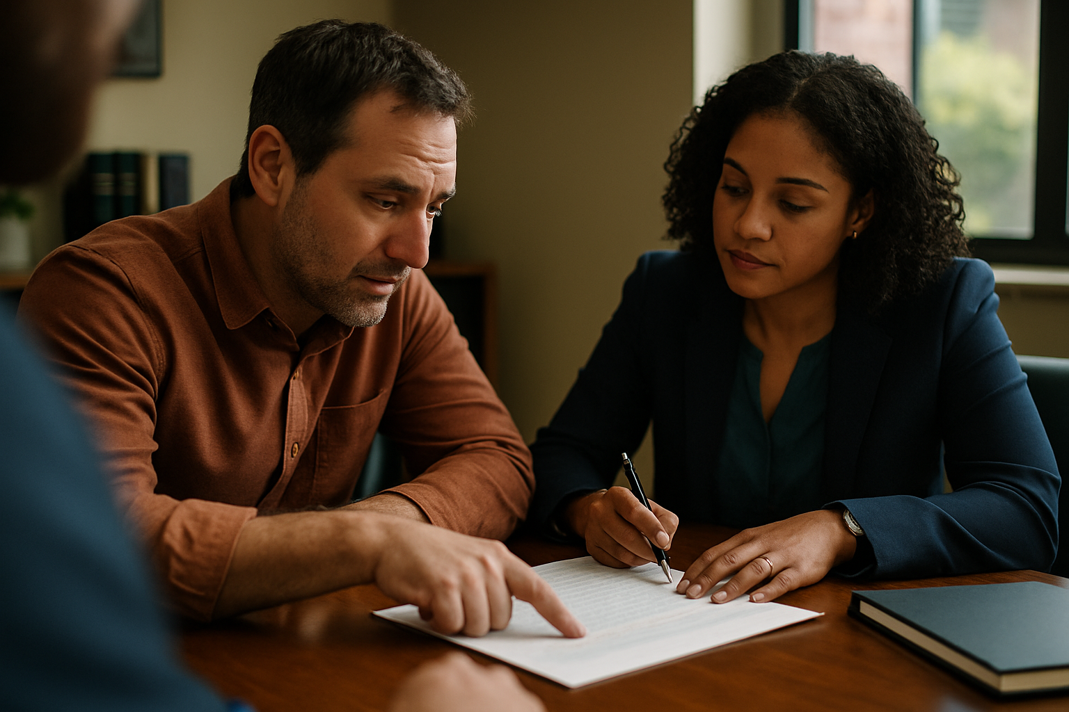 Client and attorney at desk reviewing paperwork together during a consultation