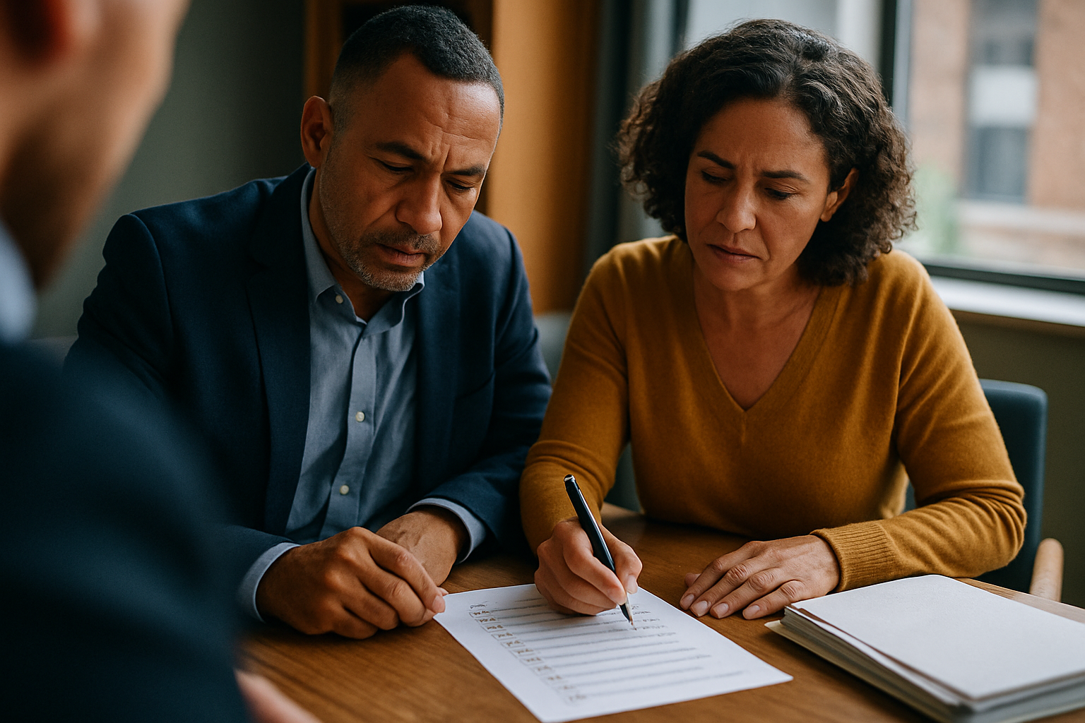 Person checking off items on a written list next to documents at home.
