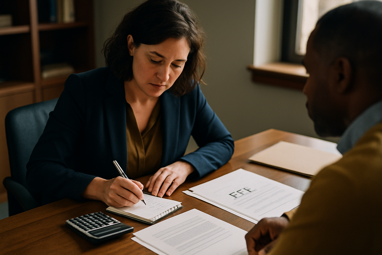 Legal professional at desk with calculator and documents breaking down expenses.