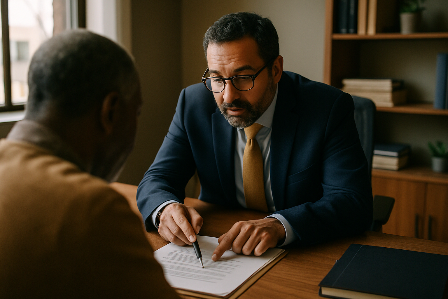 Lawyer pointing out details in a document while client listens attentively.