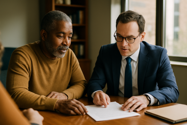 Client and lawyer reviewing paperwork at a desk, both seated and relaxed.